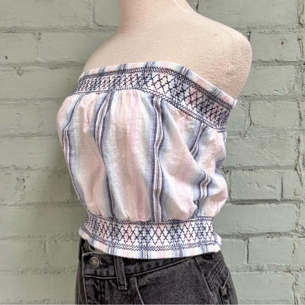 Striped Tube Top with Smocking Embroidery
